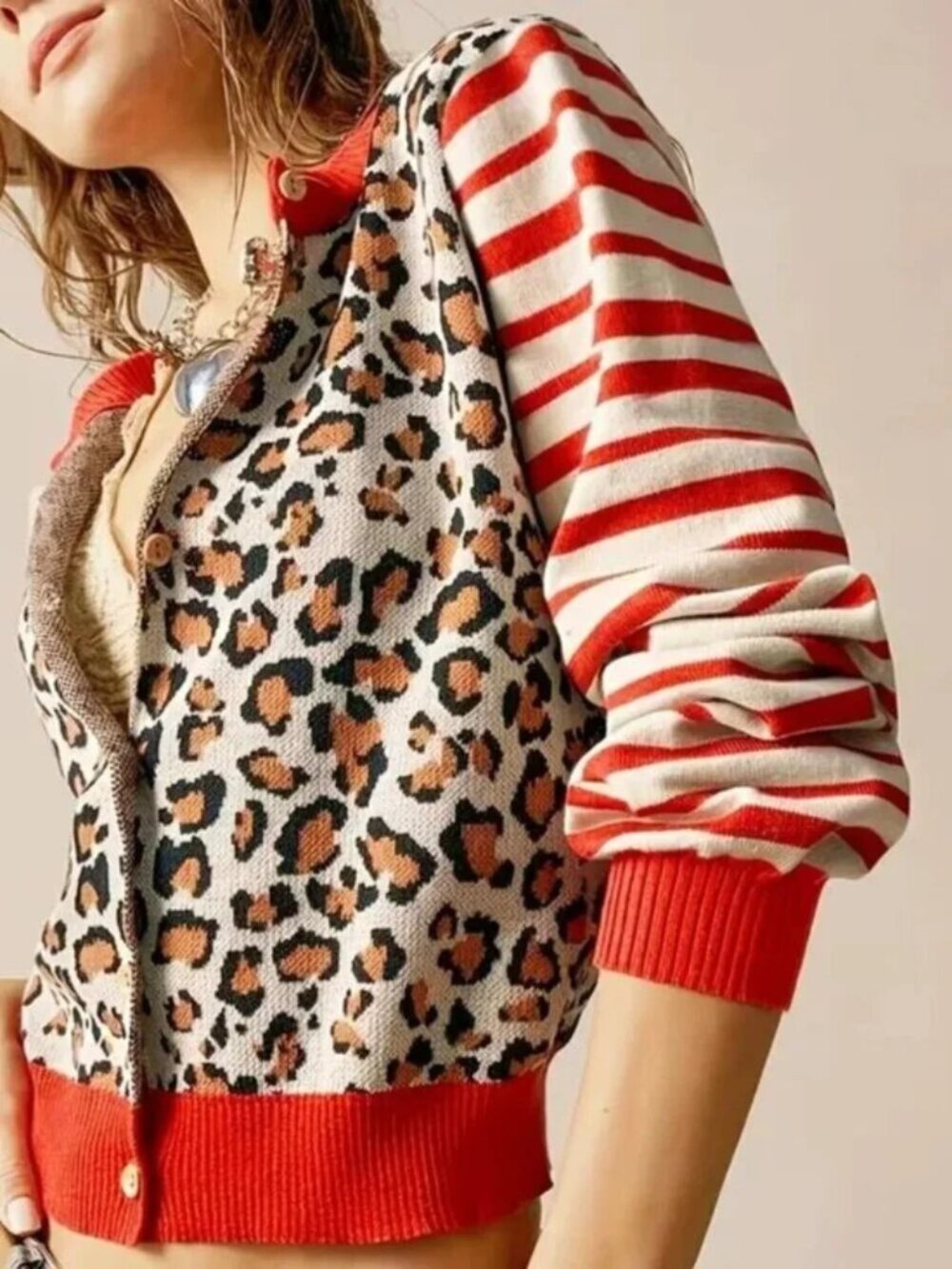Leopard & Stripe Button-Up Cardigan - Red